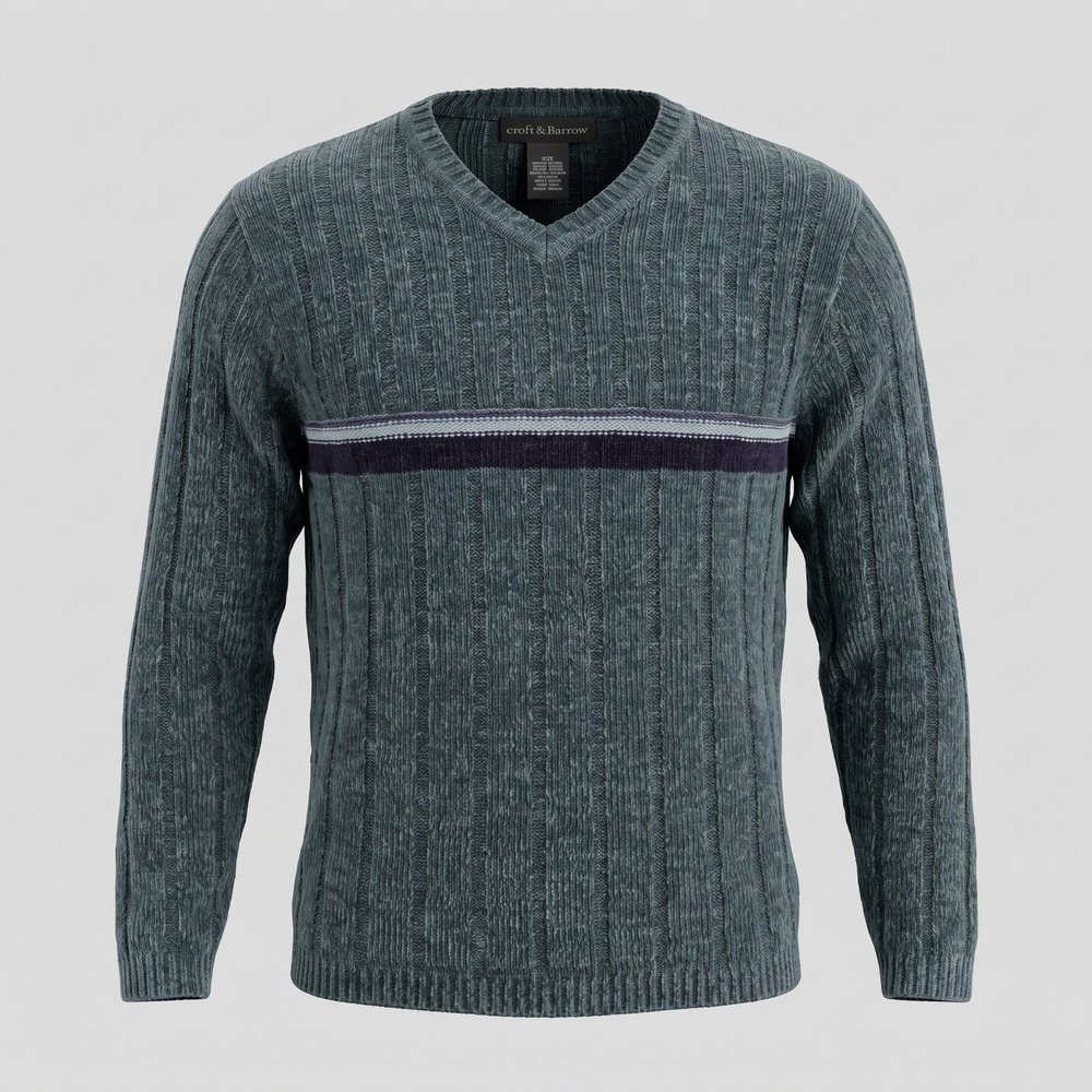 Croft & Barrow Mens Small Teal Green Sweater V-Neck Ribbed Chenille Knit Stripe